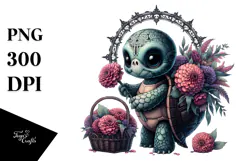 Gothic Baby Turtle with Zinnia Bouquet | Clipart Product Image 1