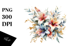Colorful Washed Watercolor, Lilies, Gold Accents, PNG Product Image 1