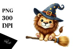 Funny Whimsical Lion on Witch Broom Clipart Product Image 1