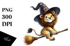 Funny Whimsical Lion on Witch Broom Clipart Product Image 1
