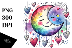 Colorful Smiling Moon with Hearts PNG Product Image 1