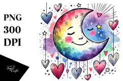Colorful Smiling Moon with Hearts PNG Product Image 1