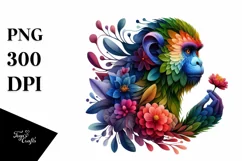 Abstract Vibrant Watercolor Monkey with Flower Frame, Product Image 1