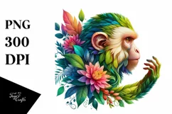 Abstract Vibrant Watercolor Monkey with Flower Frame, Product Image 1