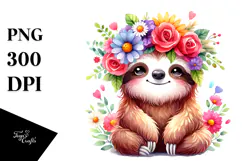 Cartoon Sloth with Flower Crown, High-Res PNG Product Image 1
