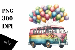 Watercolor Vintage Vibrant Van with Balloons | Sublimation Product Image 3