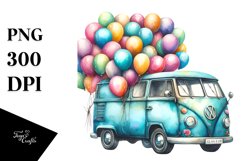 Watercolor Vintage Vibrant Van with Balloons | Sublimation Product Image 3