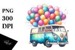 Watercolor Vintage Vibrant Van with Balloons | Sublimation Product Image 1