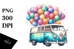 Watercolor Vintage Vibrant Van with Balloons | Sublimation Product Image 1