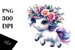 Cute Running Unicorn with Floral Wreath PNG Product Image 1