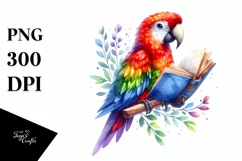 Colorful Watercolor Parrot Reading a Book | Sublimation Product Image 1