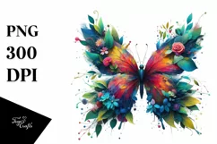Abstract Vibrant Watercolor Butterfly with Flowers PNG Product Image 1