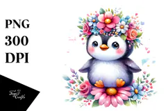 Cartoon-Style Penguin with Flower Crown | Clipart Product Image 1