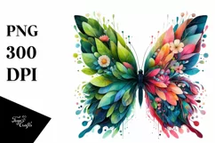 Abstract Vibrant Watercolor Butterfly with Flowers PNG Product Image 1