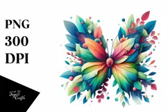 Abstract Vibrant Watercolor Butterfly with Flowers PNG Product Image 1