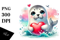 Baby Seal with Heart, Watercolor PNG Product Image 1