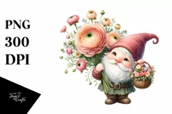 Cute Gnome Holding Flower Basket and Ranunculus Bouquet | Product Image 1