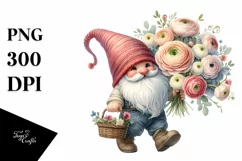 Cute Gnome Holding Flower Basket and Ranunculus Bouquet | Product Image 3
