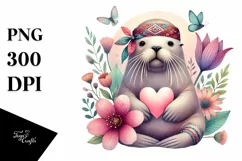 Cute Boho Walrus Heart on Flower PNG Product Image 1