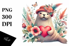 Cute Boho Walrus Heart on Flower PNG Product Image 1