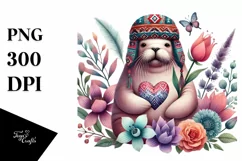 Cute Boho Walrus Heart on Flower PNG Product Image 1