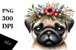 Cute Pug with Wreath on Head | Watercolor Clipart Product Image 3