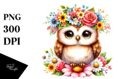 Watercolor Owl Sitting Flower Crown Clipart Product Image 1