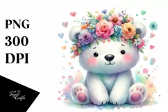 Watercolor Polar Bear with Flower Crown PNG Product Image 1