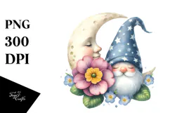 Cute Gnome with Delphinium on Moon PNG Product Image 1
