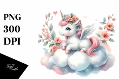Cute Baby Unicorn Watercolor on Cloud Product Image 1