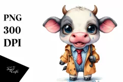 Watercolor Baby Cow with Big Teeth and Raincoat | Clipart Product Image 3