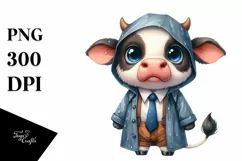 Watercolor Baby Cow with Big Teeth and Raincoat | Clipart Product Image 1