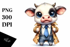 Watercolor Baby Cow with Big Teeth and Raincoat | Clipart Product Image 3