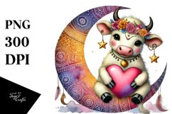 Boho Cow Sitting on Moon PNG Product Image 1