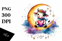 Cute Boho Cow Heart on Flower PNG Product Image 1