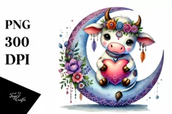 Cute Boho Cow Heart on Flower PNG Product Image 1