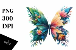 Abstract Vibrant Watercolor Butterfly with Flowers PNG Product Image 1