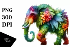 Abstract Vibrant Watercolor Elephant with Flowers PNG Product Image 3