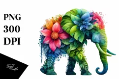 Abstract Vibrant Watercolor Elephant with Flowers PNG Product Image 1
