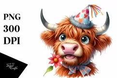 Highland Cow Party Hat Watercolor Clipart Product Image 1