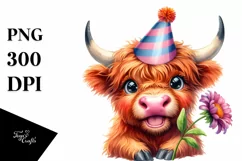 Highland Cow Party Hat Watercolor Clipart Product Image 3