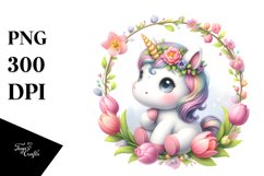 Cute Baby Unicorn with Tulip Frame | Sublimation | Clipart Product Image 1