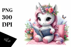 Cute Baby Unicorn Reading Watercolor Product Image 3