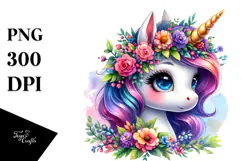 Cute Unicorn with Floral Wreath PNG Product Image 1