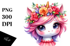 Cute Unicorn with Floral Wreath PNG Product Image 1