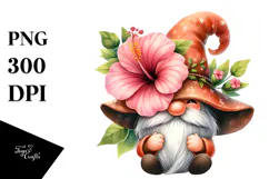 Cute Watercolor Gnome with Hibiscus PNG Product Image 1