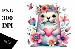 Cute Boho Walrus Heart on Flower PNG Product Image 1