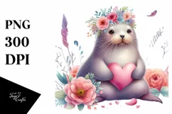 Cute Boho Walrus Heart on Flower PNG Product Image 1