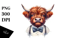 Funny Highland Cow with Bow and Tie PNG Product Image 1