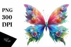Abstract Vibrant Watercolor Butterfly with Flowers PNG Product Image 1